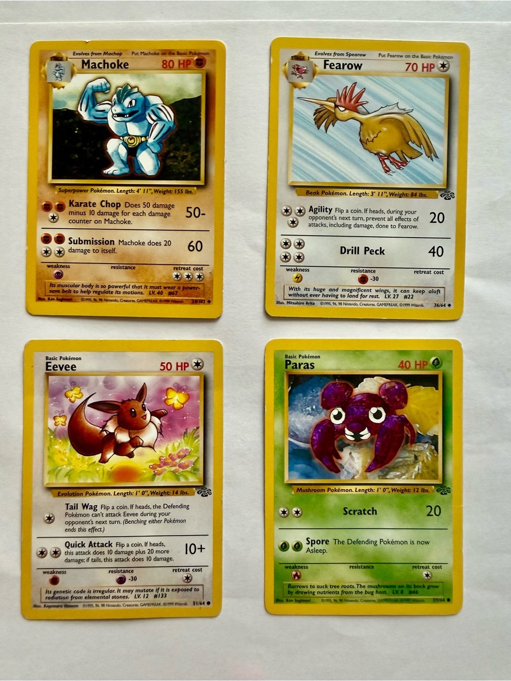 Pokemon 1999 Vintage WOTC Lot Eevee 51/64 Machoke 34/102 Fearow Jungle Base⁠